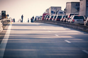 A traffic jam on a road that has been closed