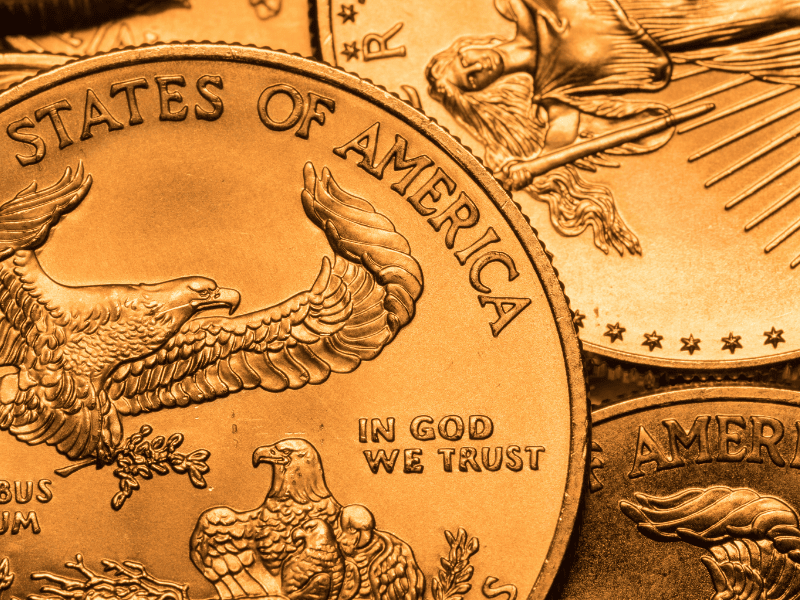 Close-up of a pile of gold US coins