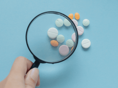 A magnifying glass examining pills for FDA approval