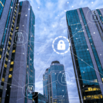 Modern office buildings superimposed with a graphic illustrating the importance of online privacy