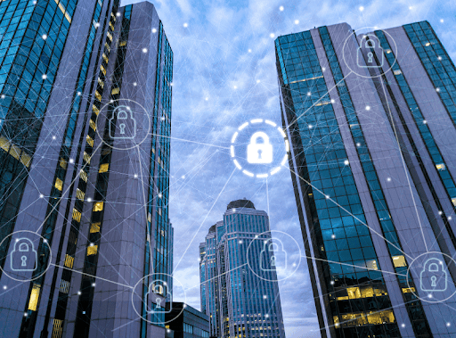 Modern office buildings superimposed with a graphic illustrating the importance of online privacy