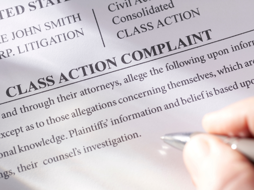 Close up of a lawyer filling out a class action lawsuit document 