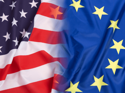 Flags for the US and EU merging, representing the comparison of data privacy laws in both regions