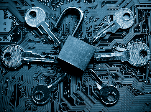 A circuit board with a padlock surrounded by keys, symbolizing online privacy violations